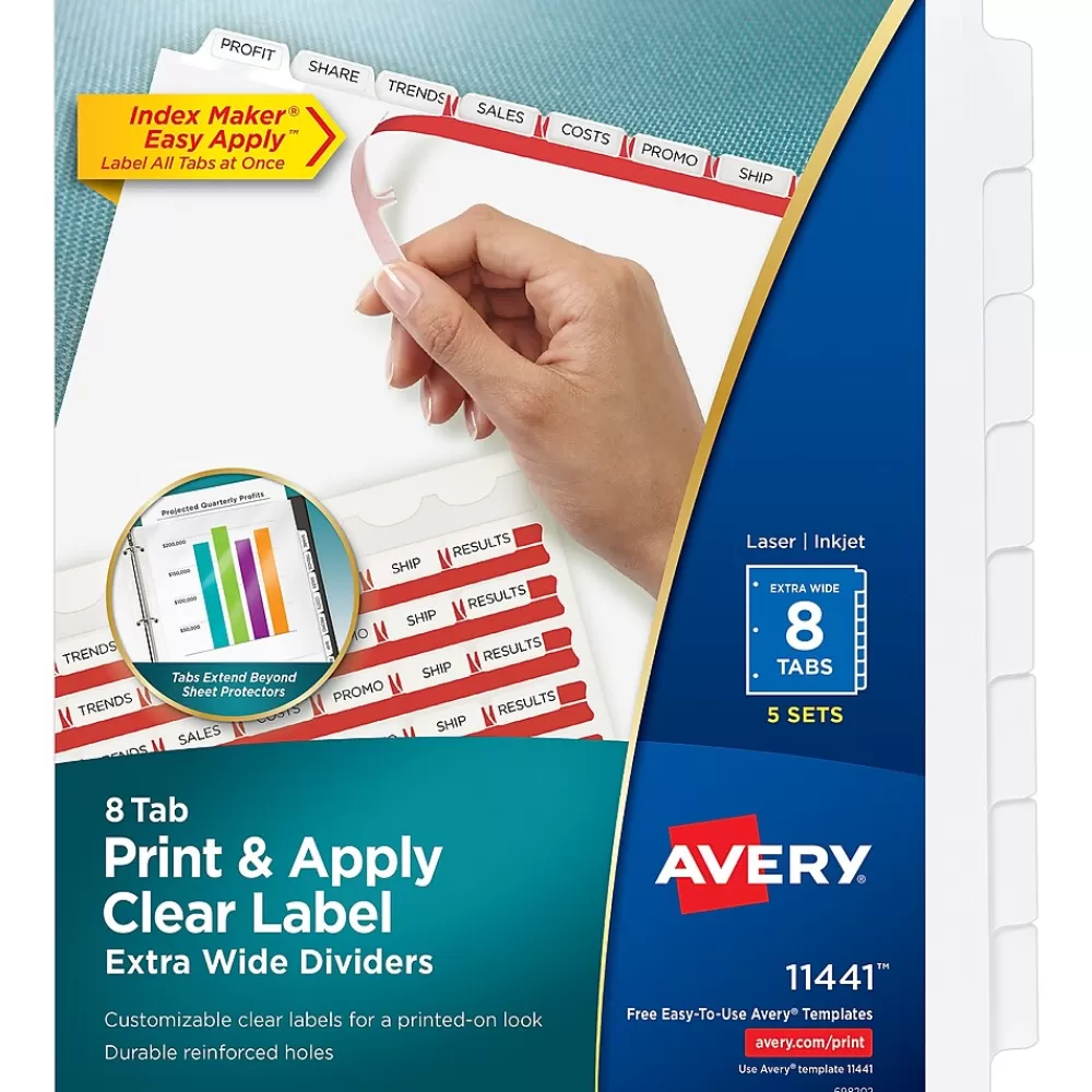Avery Dividers<Index Maker Extra-Wide Paper Dividers with Print & Apply Label Sheets, 8 Tabs, White, 5 Sets/Pack (AVE11441)