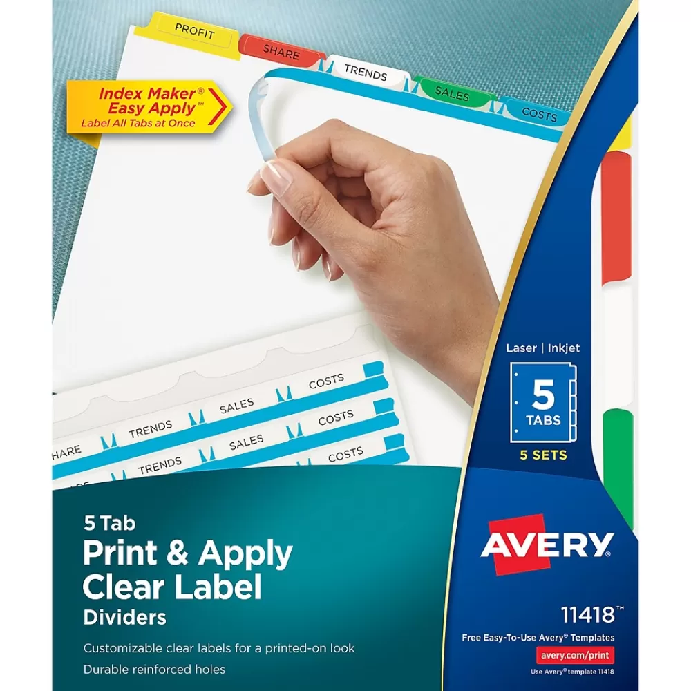 Avery Dividers<Index Maker Paper Dividers with Print & Apply Label Sheets, 5 Tabs, Multicolor, 5 Sets/Pack (11418)