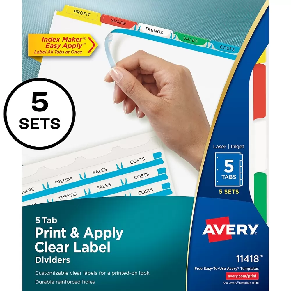 Avery Dividers<Index Maker Paper Dividers with Print & Apply Label Sheets, 5 Tabs, Multicolor, 5 Sets/Pack (11418)