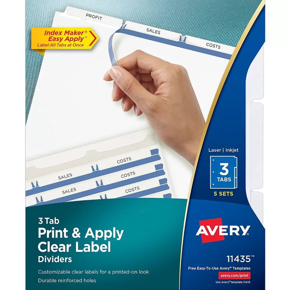 Avery Dividers<Index Maker Paper Dividers with Print & Apply Label Sheets, 3 Tabs, White, 5 Sets/Pack (11435)