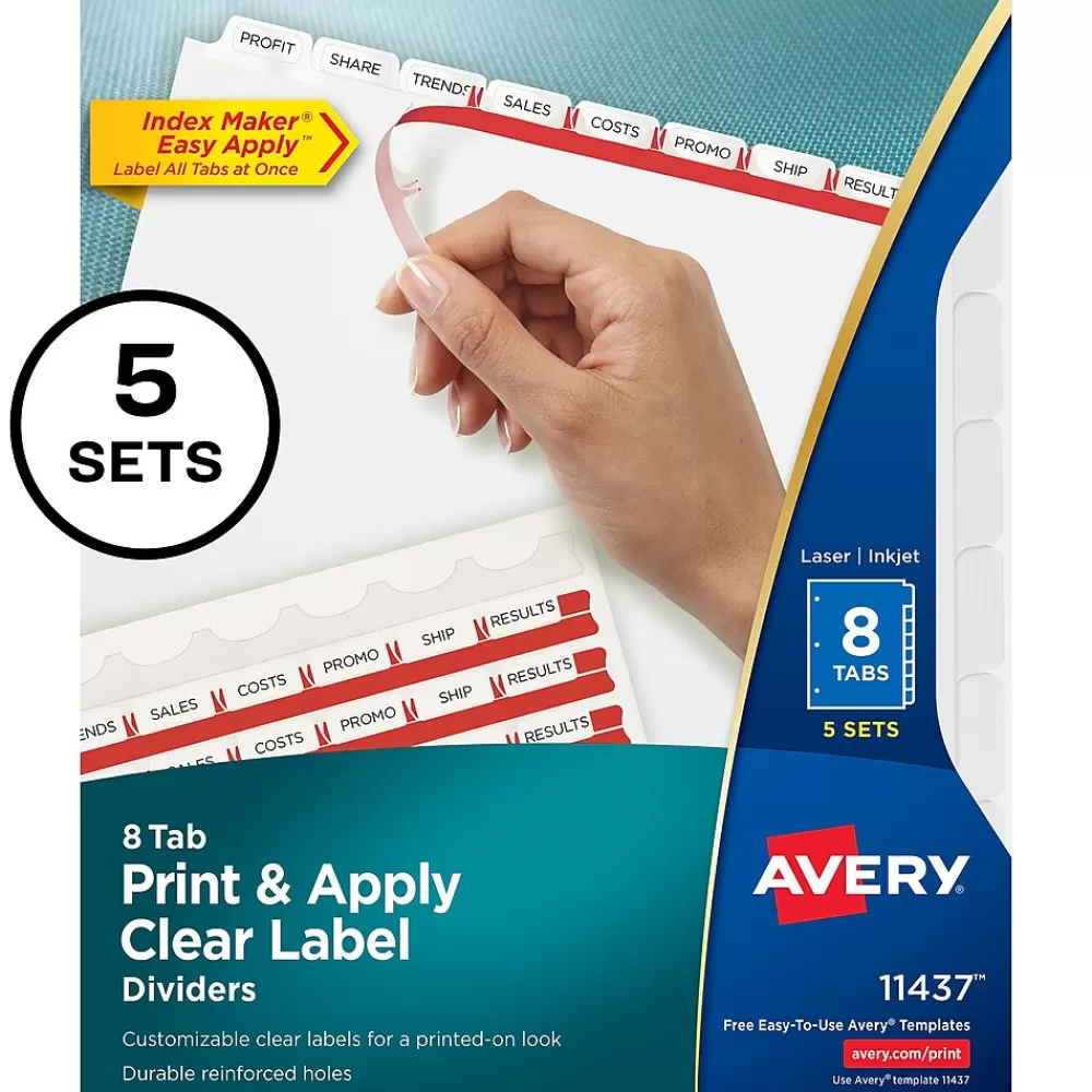 Avery Dividers<Index Maker Paper Dividers with Print & Apply Label Sheets, 8 Tabs, White, 5 Sets/Pack (11437)