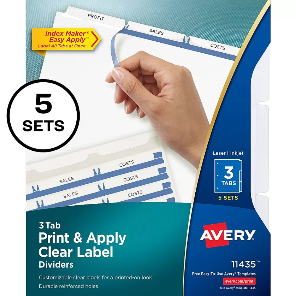 Avery Dividers<Index Maker Paper Dividers with Print & Apply Label Sheets, 3 Tabs, White, 5 Sets/Pack (11435)