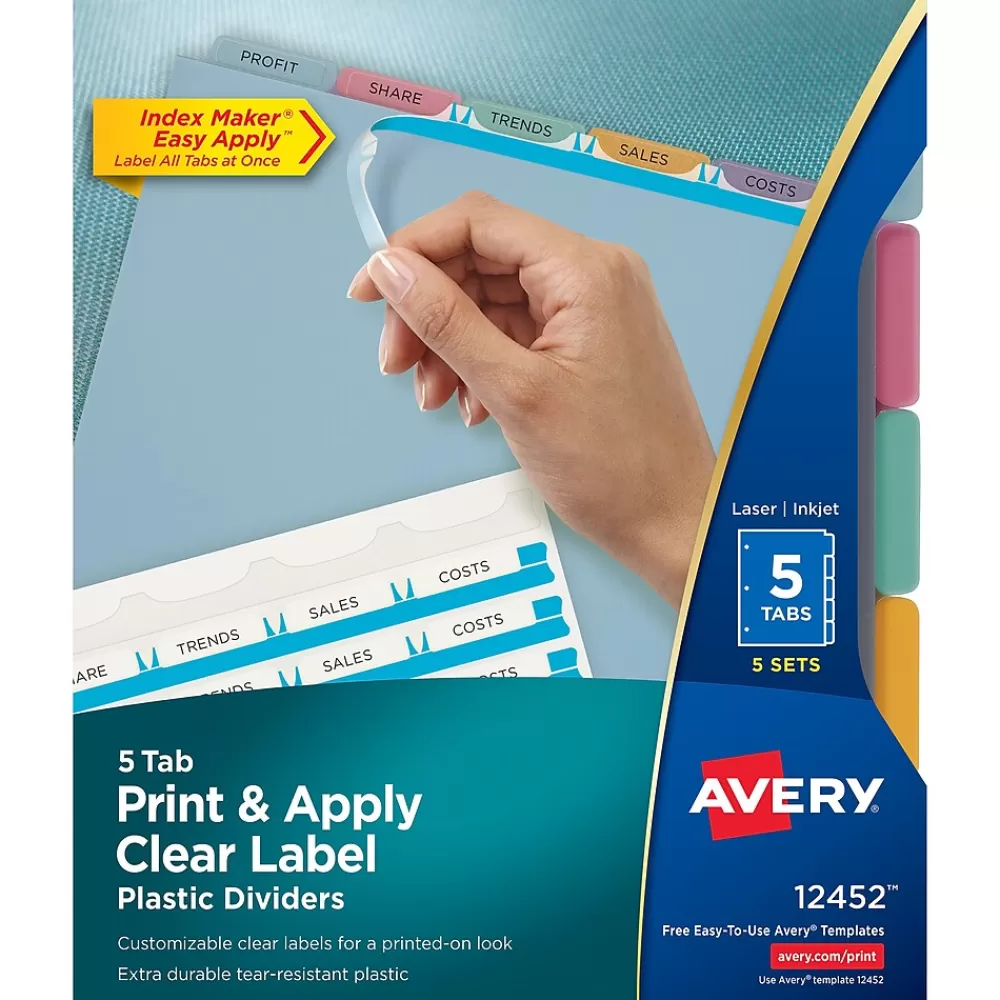Avery Dividers<Index Maker Plastic Dividers with Print & Apply Label Sheets, 5 Tabs, Multicolor, 5 Sets/Pack (12452)