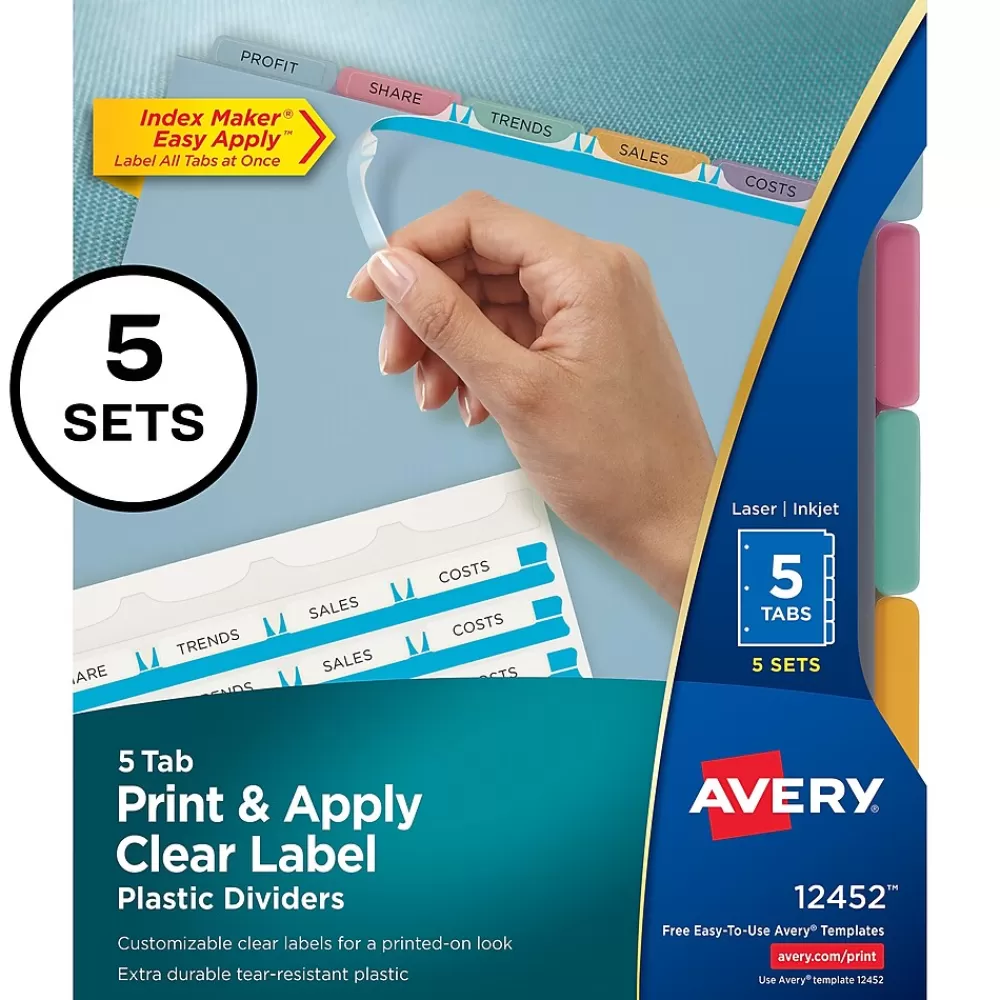 Avery Dividers<Index Maker Plastic Dividers with Print & Apply Label Sheets, 5 Tabs, Multicolor, 5 Sets/Pack (12452)