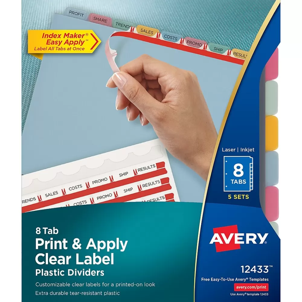 Avery Dividers<Index Maker Plastic Dividers with Print & Apply Label Sheets, 8 Tabs, Multicolor, 5 Sets/Pack (AVE12433)