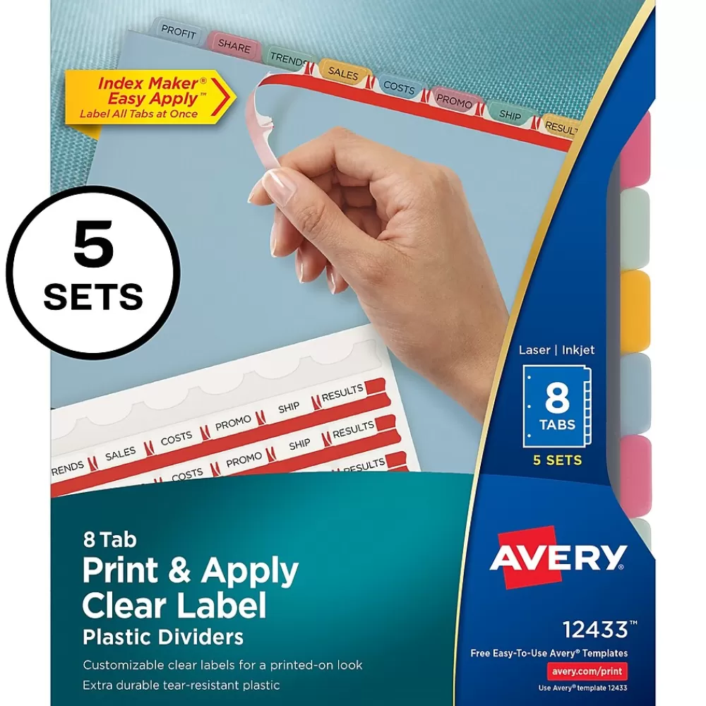 Avery Dividers<Index Maker Plastic Dividers with Print & Apply Label Sheets, 8 Tabs, Multicolor, 5 Sets/Pack (AVE12433)