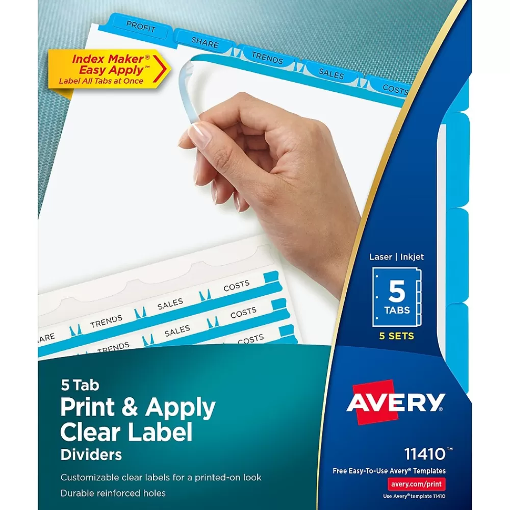 Avery Dividers<Index Maker Print & Apply Label Paper Dividers, 5-Tab, Blue, 5 Sets/Pack (11410)