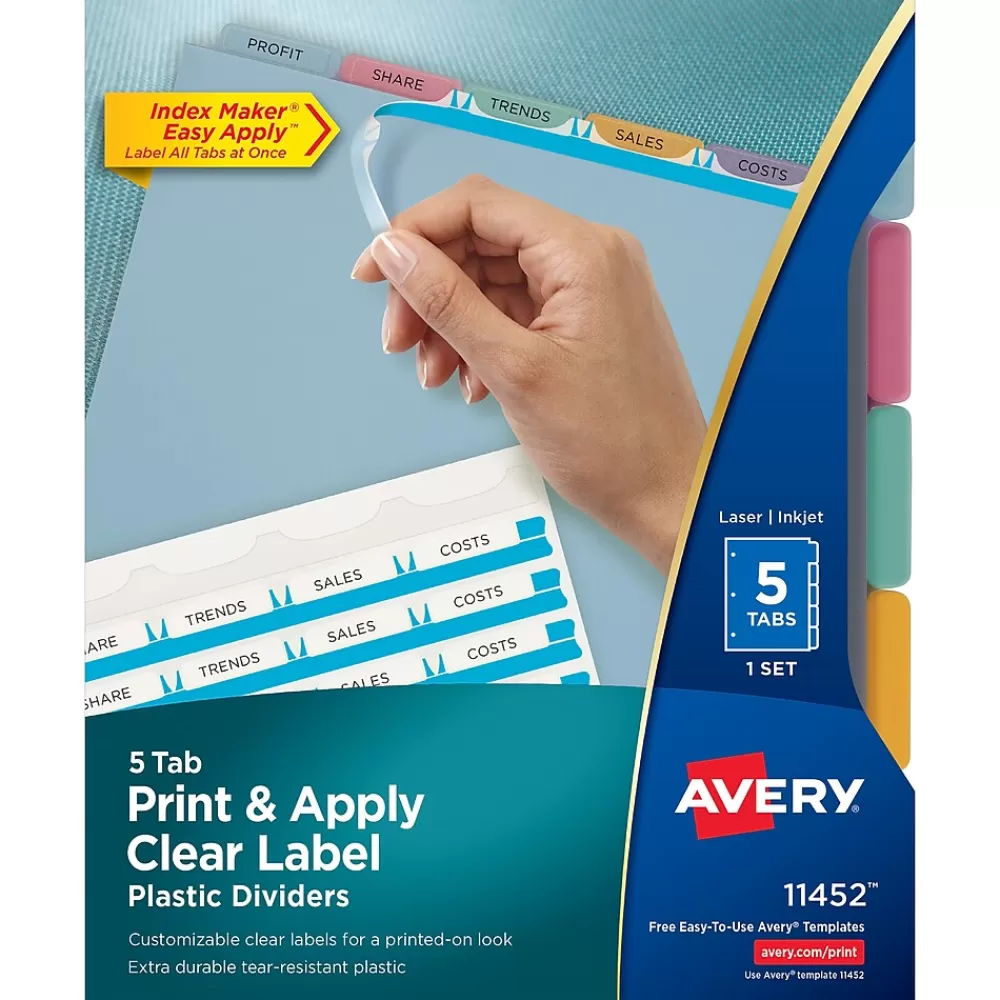 Avery Dividers<Index Maker Print & Apply Label Plastic Dividers, 5-Tab, Translucent Multicolor (11452)