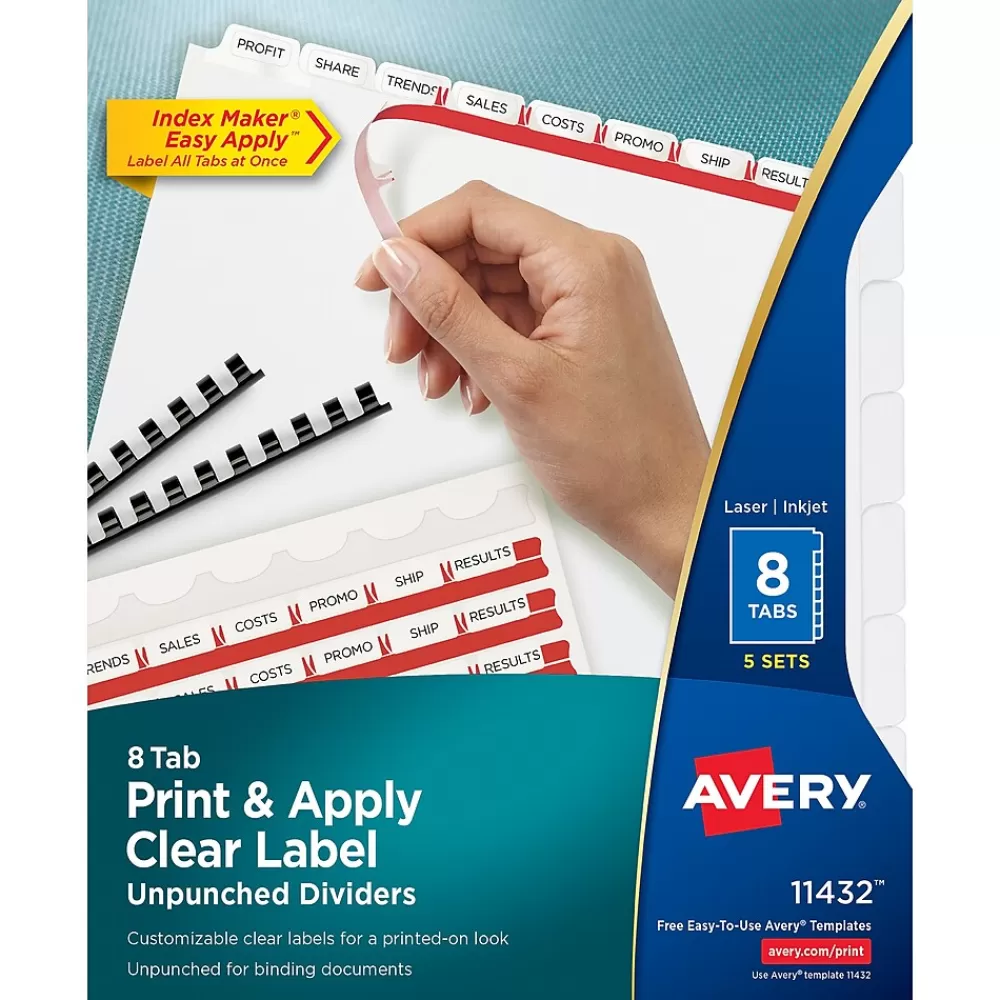 Avery Dividers<Index Maker Unpunched Paper Dividers with Print & Apply Label Sheets, 8 Tabs, White, 5 Sets/Pack (11432)