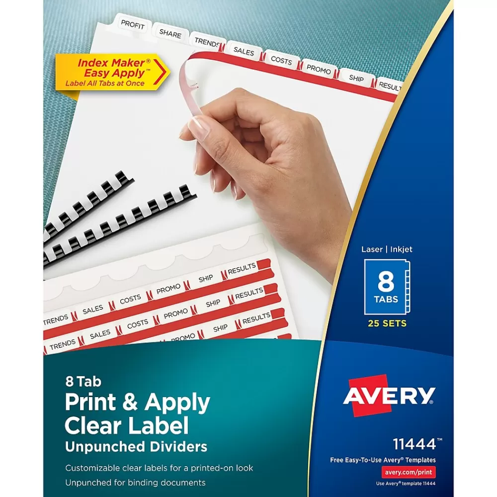 Avery Dividers<Index Maker Unpunched Paper Dividers with Print & Apply Label Sheets, 8 Tabs, White, 25 Sets/Pack (11444)