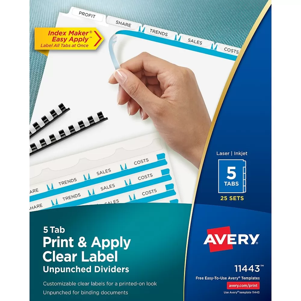 Avery Dividers<Index Maker Unpunched Paper Dividers with Print & Apply Label Sheets, 5 Tabs, White, 25 Sets/Pack (11443)