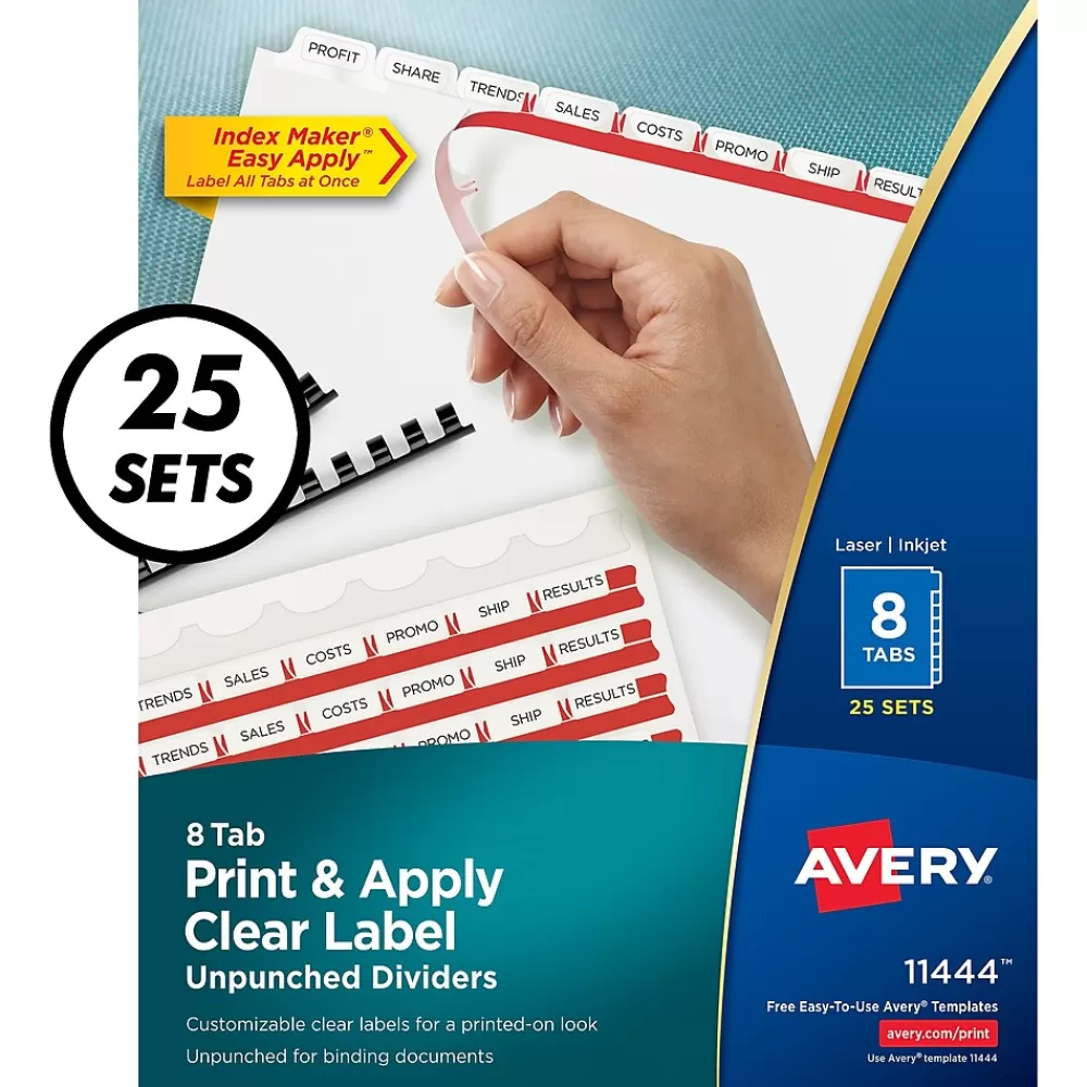 Avery Dividers<Index Maker Unpunched Paper Dividers with Print & Apply Label Sheets, 8 Tabs, White, 25 Sets/Pack (11444)