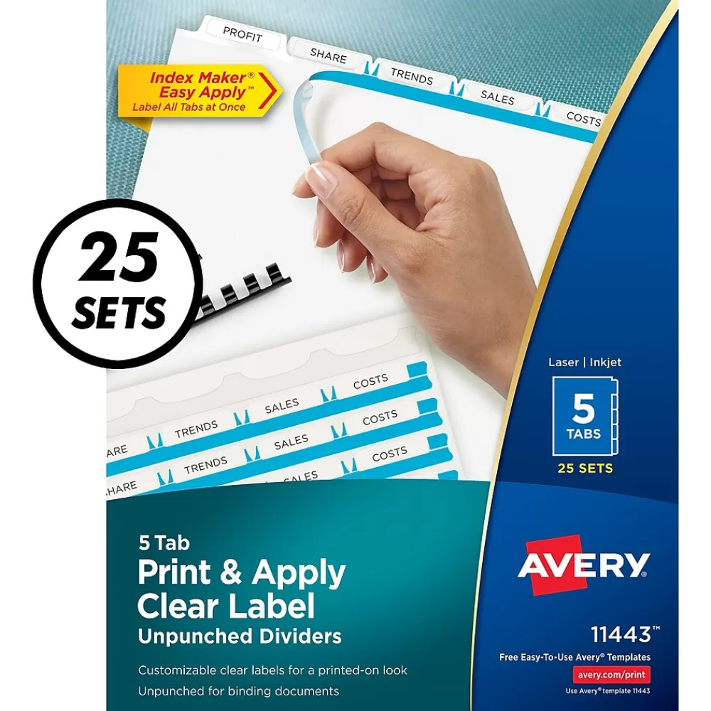 Avery Dividers<Index Maker Unpunched Paper Dividers with Print & Apply Label Sheets, 5 Tabs, White, 25 Sets/Pack (11443)