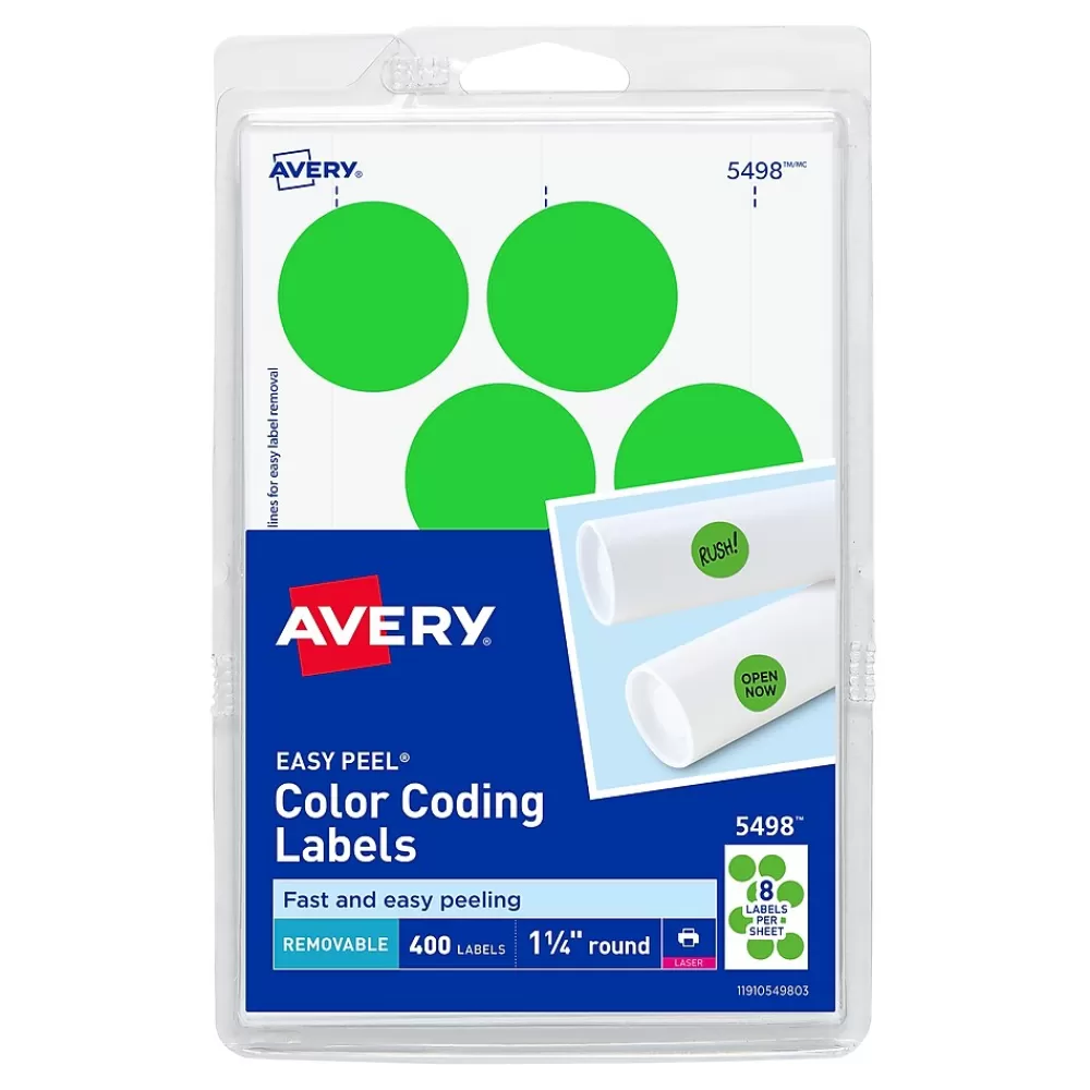 Avery Labels<Laser Color Coding Labels, 1 1/4" Dia., Neon Green, 8/Sheet, 50 Sheets/Pack (5498)
