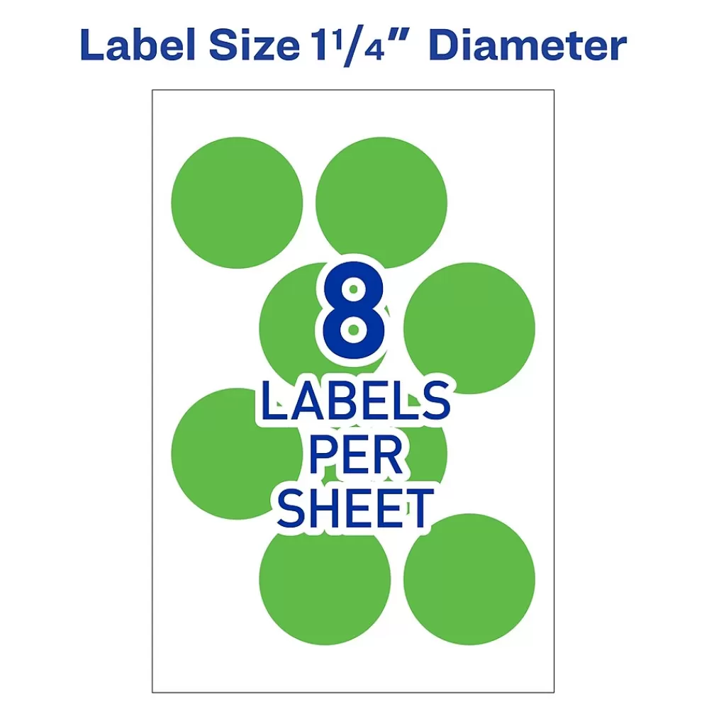 Avery Labels<Laser Color Coding Labels, 1 1/4" Dia., Neon Green, 8/Sheet, 50 Sheets/Pack (5498)