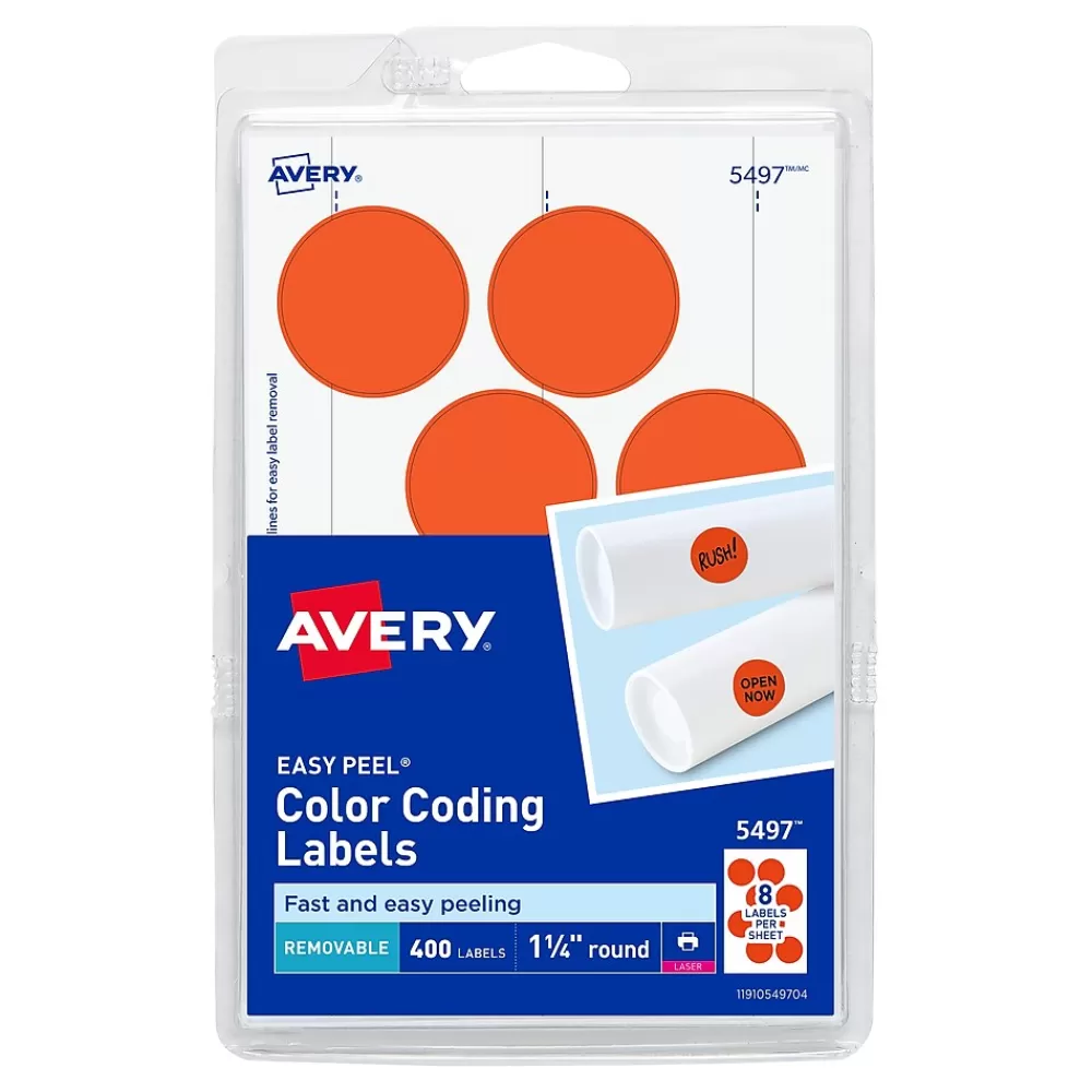 Avery Labels<Laser Color Coding Labels, 1 1/4" Dia., Neon Red, 8/Sheet, 50 Sheets/Pack (5497)