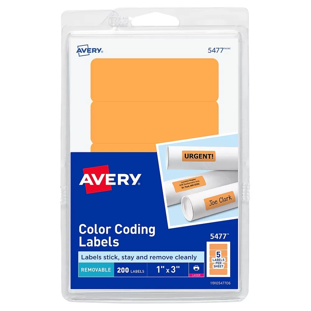 Avery Labels<Laser Color Coding Labels, 1" x 3", Neon Orange, 5/Sheet, 40 Sheets/Pack (5477)
