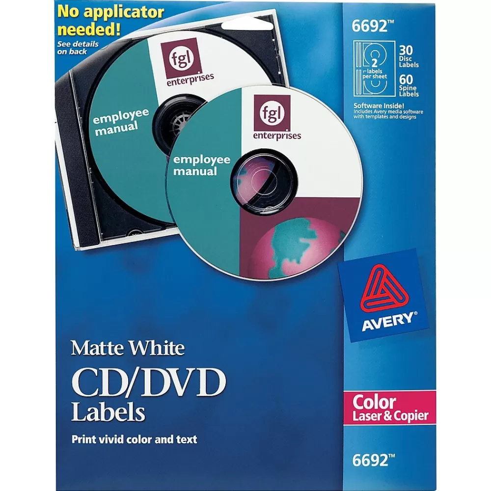 Avery Labels<Laser Media Labels, White Matte, 30 Disc and 60 Spine Labels/Pack (6692)