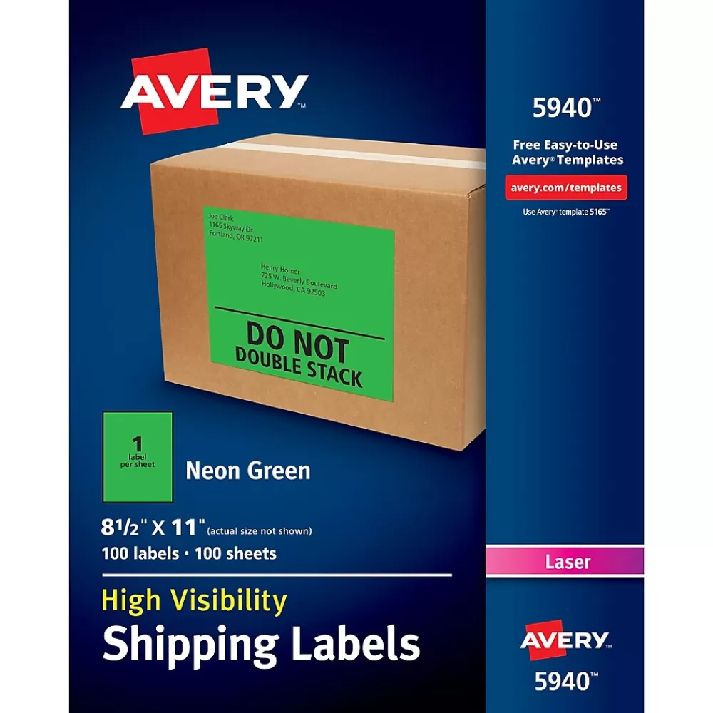 Avery Labels<Laser Shipping Labels, 8-1/2" x 11", Neon Green, 100 Labels/Box (5940)