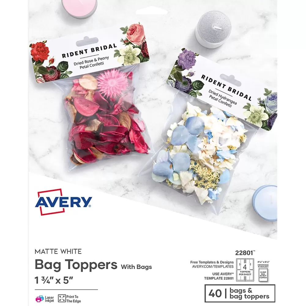 Avery Labels<Laser/Inkjet Adhesive Bag Toppers with Bags, 1 3/4" x 5", White, 40 Labels & Bags/Pack (22801)