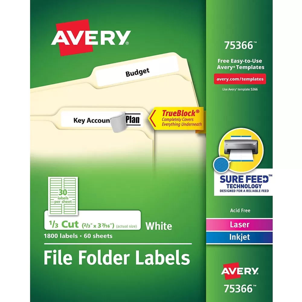 Avery Labels<Laser/Inkjet File Folder Labels, 2/3" x 3 7/16", White, 30/Sheet, 60 Sheets/Pack (75366)