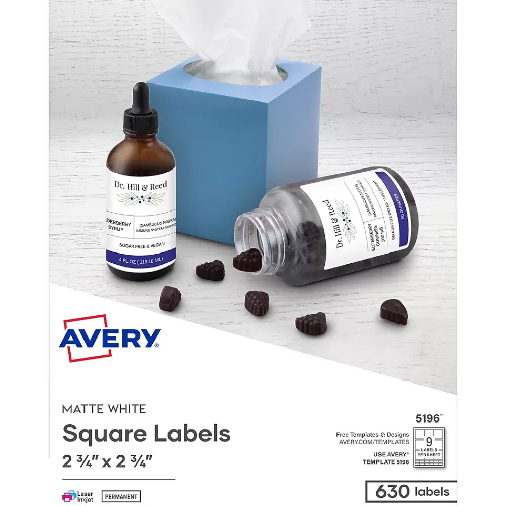 Avery Labels<Laser/Inkjet Media Labels, 2-3/4" x 2-3/4", White, 9 Labels/Sheet, 70 Sheets/Box (5196)