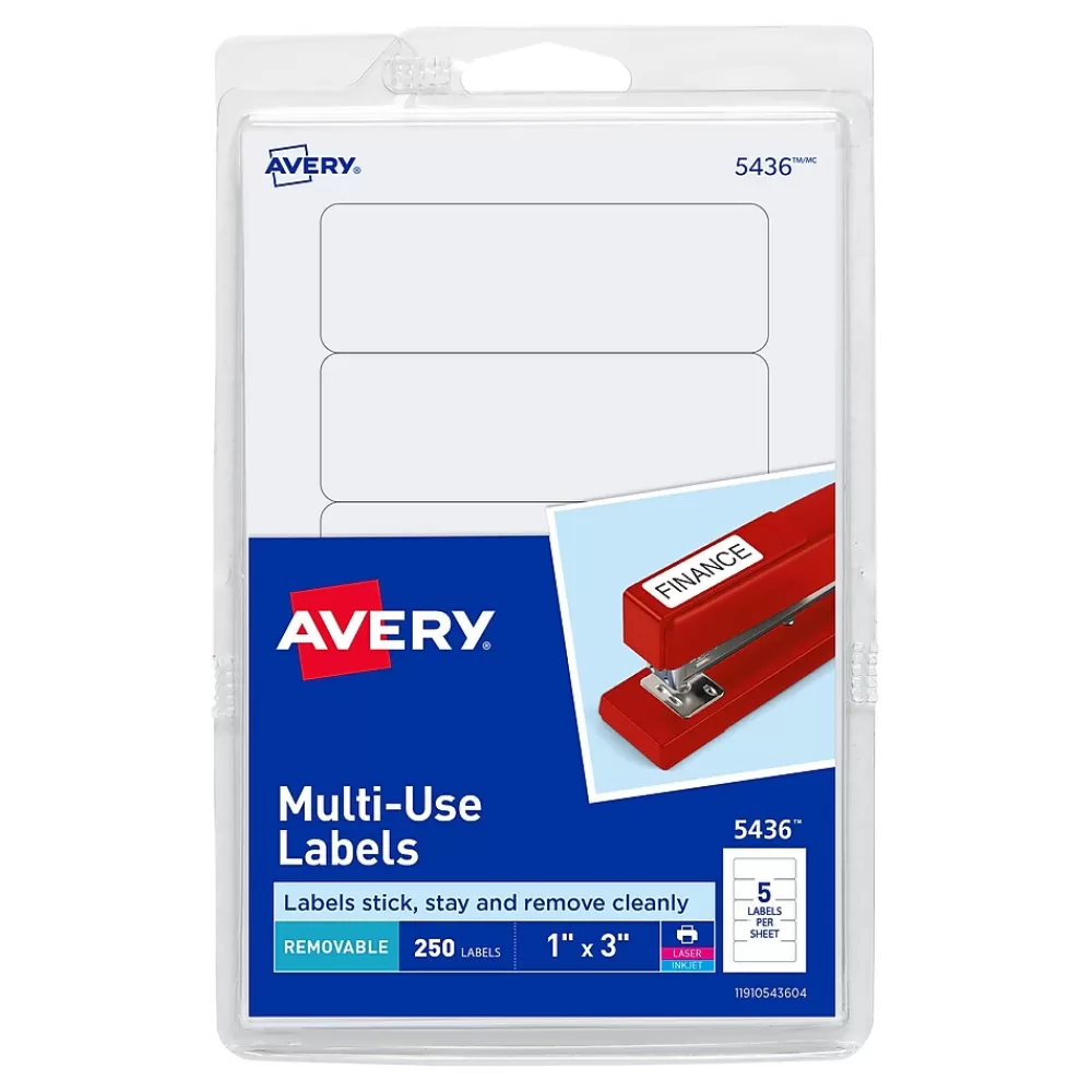 Avery Labels<Laser/Inkjet Multipurpose Labels, 1" x 3", White, 250 Labels/Pack (5436)