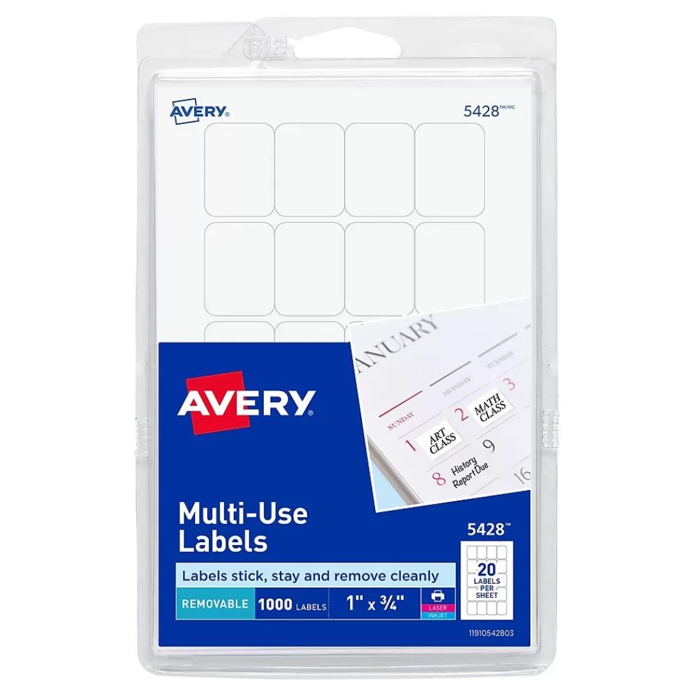 Avery Labels<Laser/Inkjet Multipurpose Labels, 1" x 3/4", White, 1,000 Labels/Pack (5428)