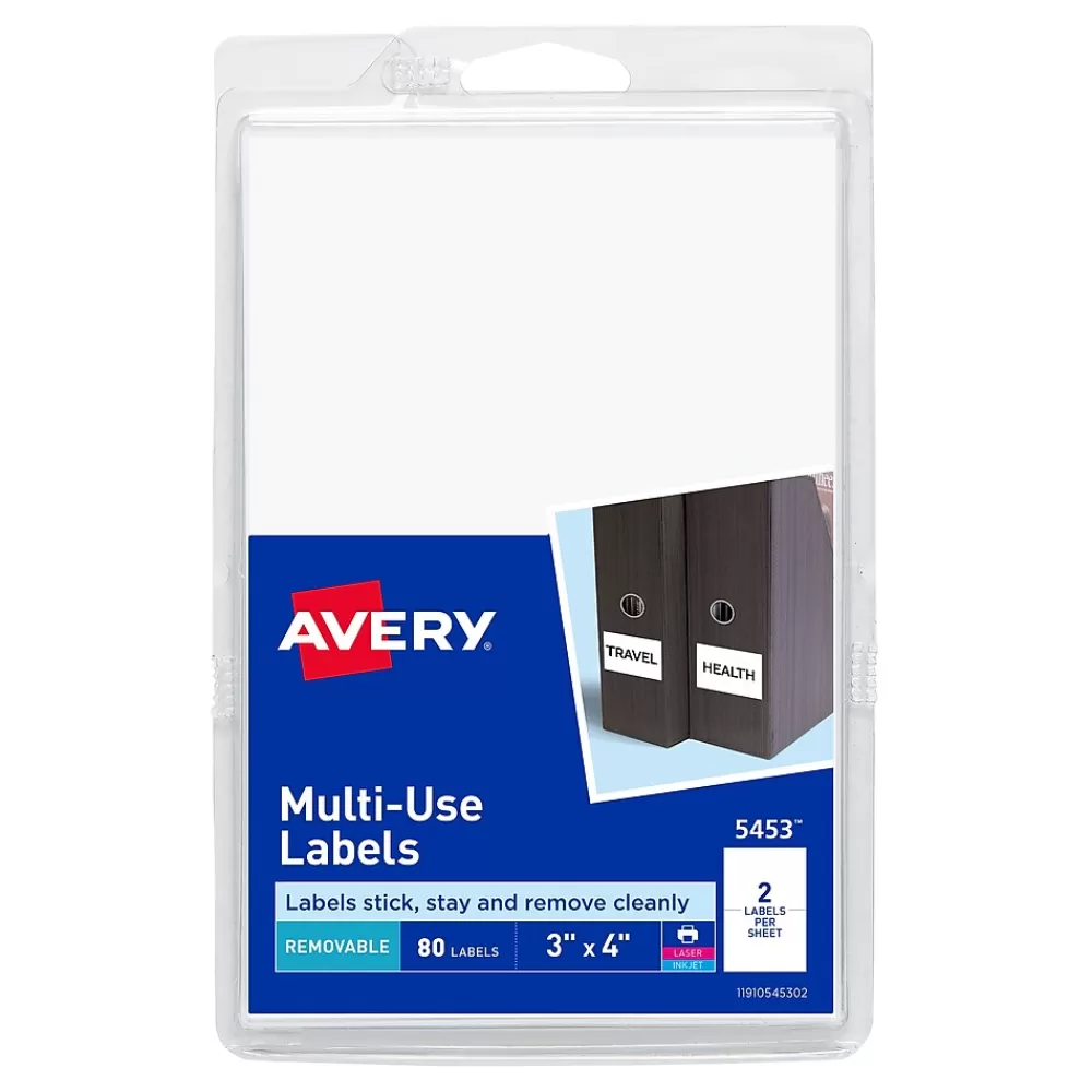 Avery Labels<Laser/Inkjet Multipurpose Labels, 3" x 4",White, 80 Labels/Pack (5453)