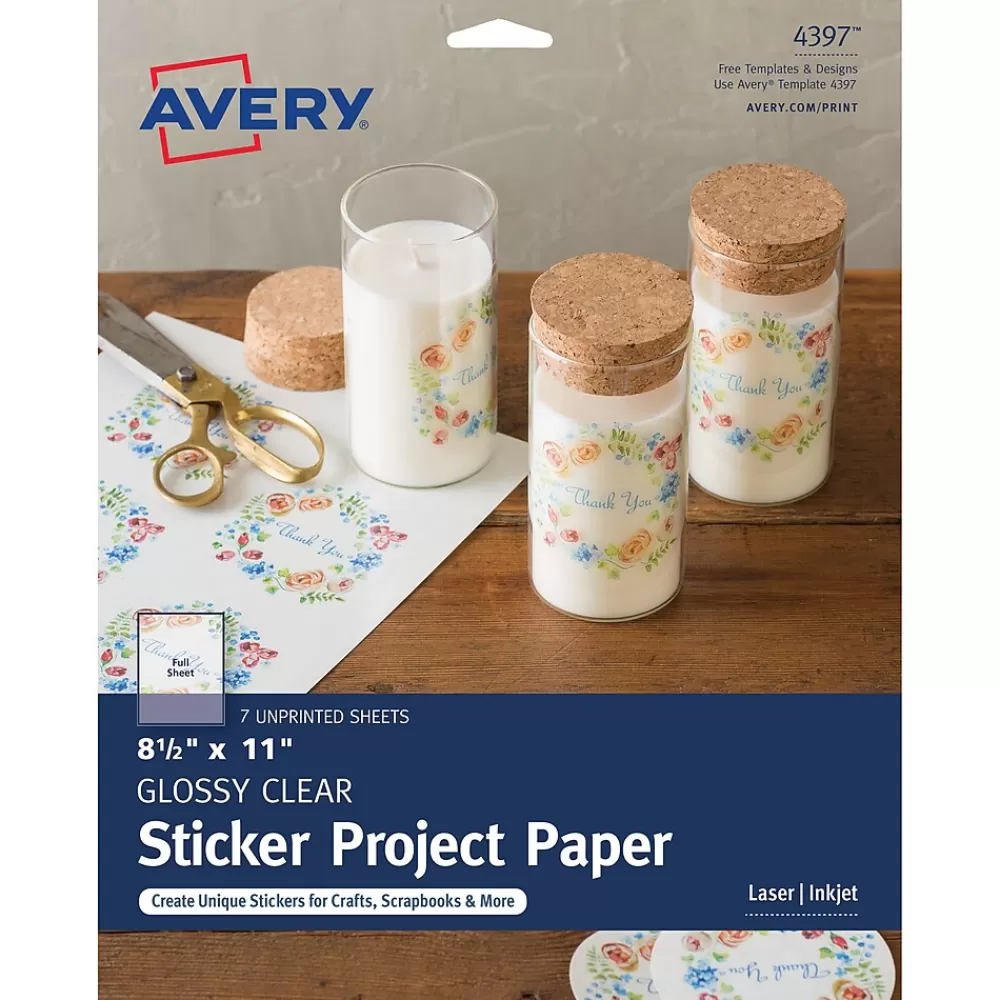 Avery Labels<Laser/Inkjet Multipurpose Printable Sticker Project Paper, 8.5" x 11", Glossy Clear, 7 Stickers/Pack (4397)