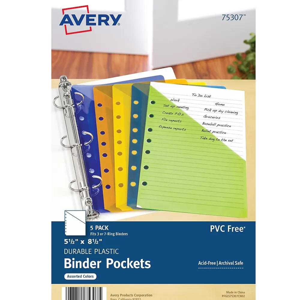 Avery Dividers<Mini Binder Pockets for 5 1/2" x 8 1/2" Paper, Assorted Colors, 5/Pack (75307)