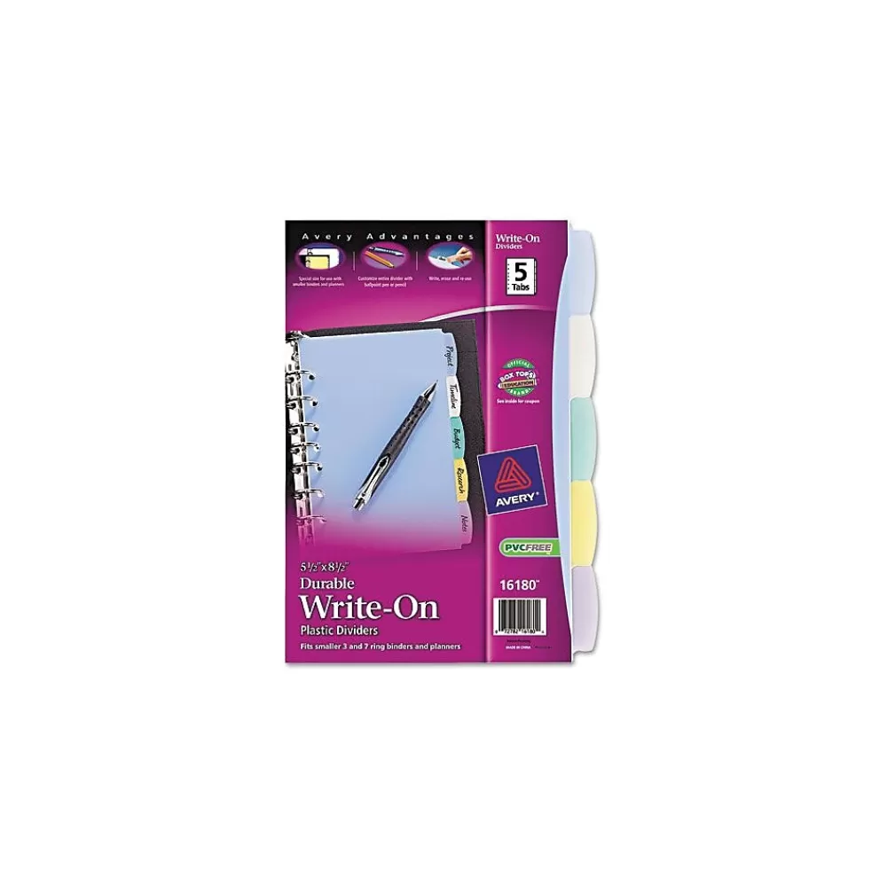 Avery Dividers<Mini Write & Erase Plastic Blank Dividers, 5-Tab, Assorted Colors, 5/Pack (16180)