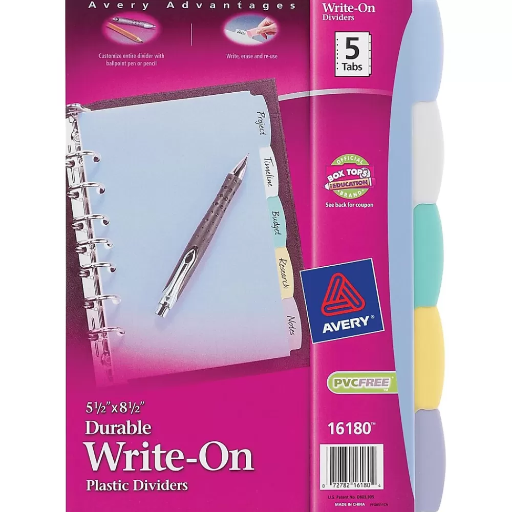 Avery Dividers<Mini Write & Erase Plastic Blank Dividers, 5-Tab, Assorted Colors, 5/Pack (16180)