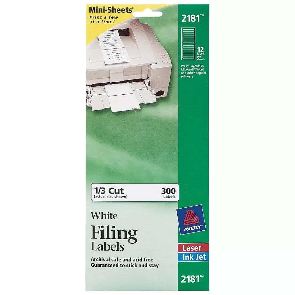 Avery Labels<Mini-Sheets Laser/Inkjet File Folder Labels, 2/3" x 3-7/16", White, 300 Labels/Pack (2181)