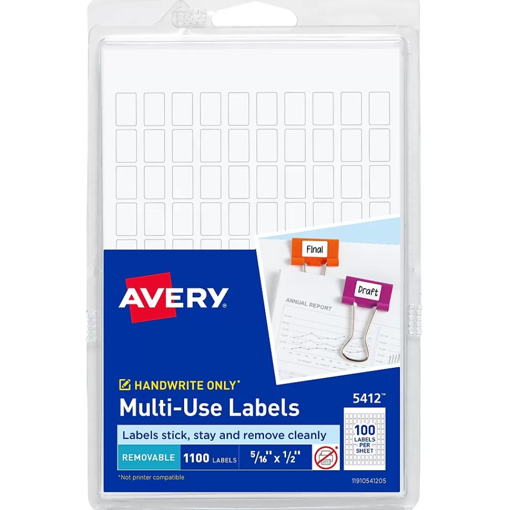 Avery Labels<Multipurpose Labels, 5/16" x 1/2", White, Non-Printable, 1100 Labels/Pack (5412)