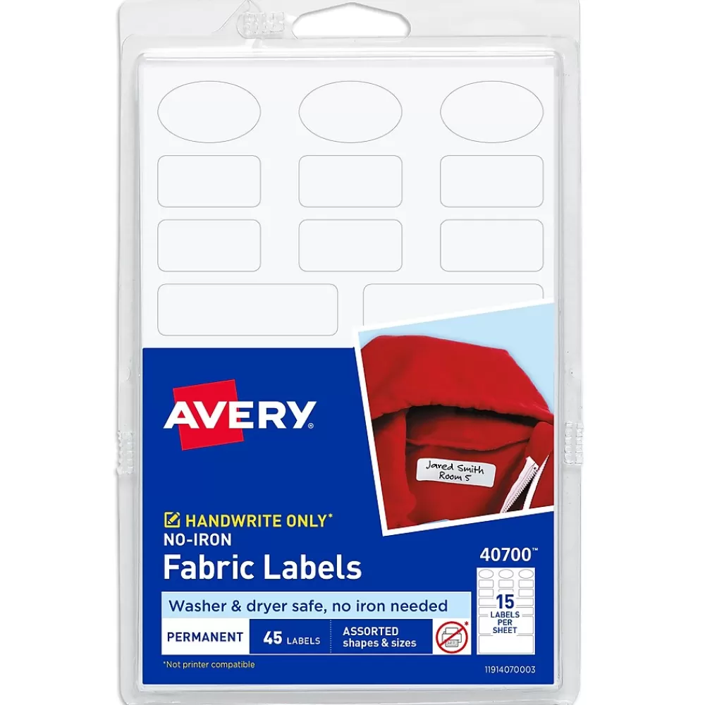 Avery Labels<No-Iron Fabric Labels, Assorted Shapes and Sizes, White, Non-Printable, 45 Labels/Pack (40700)