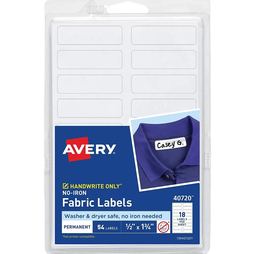 Avery Labels<No-Iron Fabric Labels on 4" x 6" Sheets, 1/2" x 1-3/4", White, Non-Printable, 54 Labels/Pack (40720)