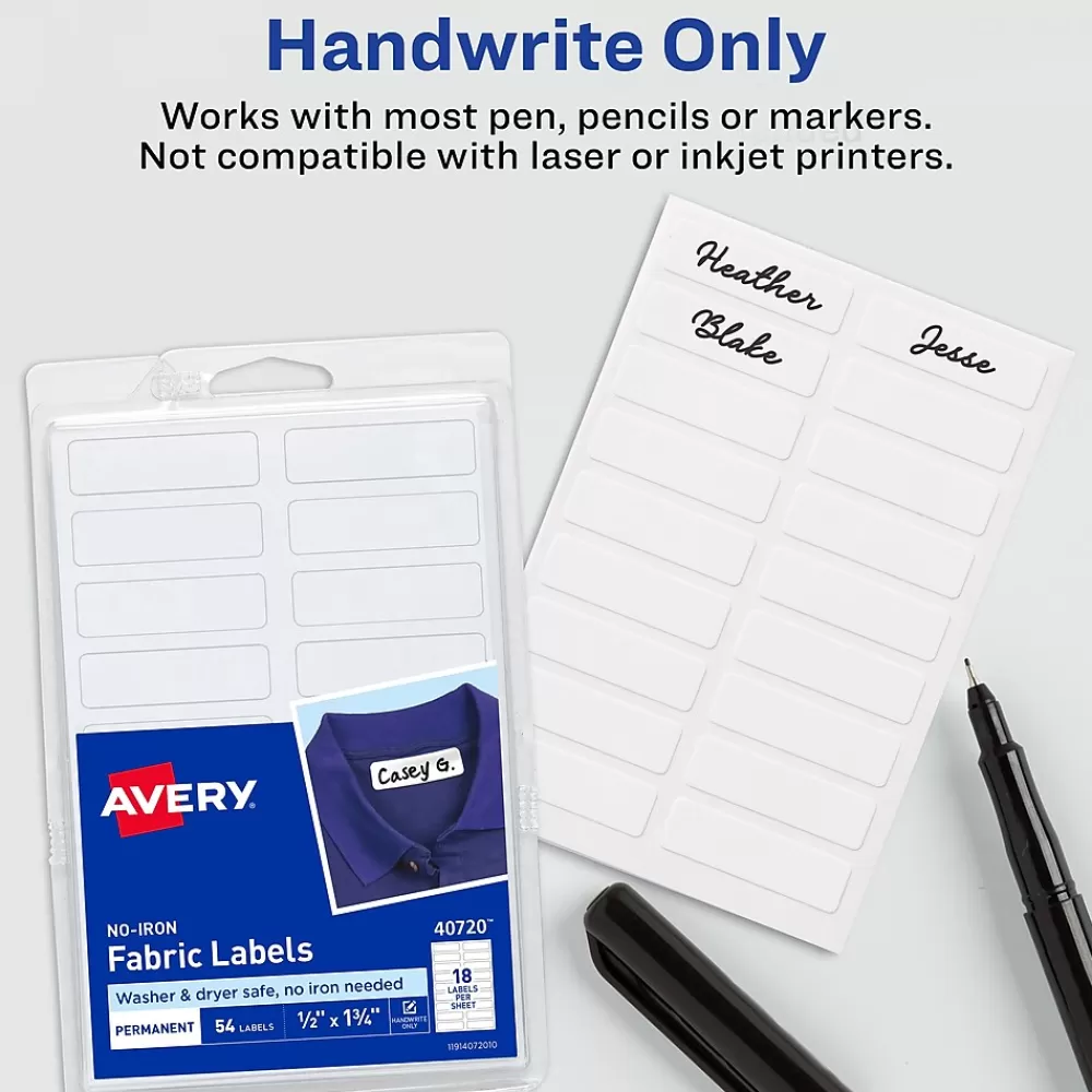Avery Labels<No-Iron Fabric Labels on 4" x 6" Sheets, 1/2" x 1-3/4", White, Non-Printable, 54 Labels/Pack (40720)