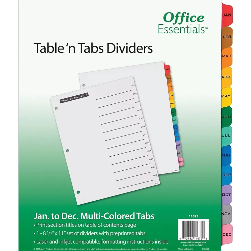 Avery Dividers<Office Essentials Table 'n Tabs Pre-Printed Monthly Paper Divider, Jan-Dec Tabs, Multicolor, 1 Set (AVE11679)