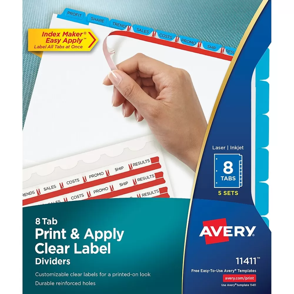 Avery Dividers<Print & Apply Blank Tab Dividers, 8-Tab, Blue, 5/Pack (11411)