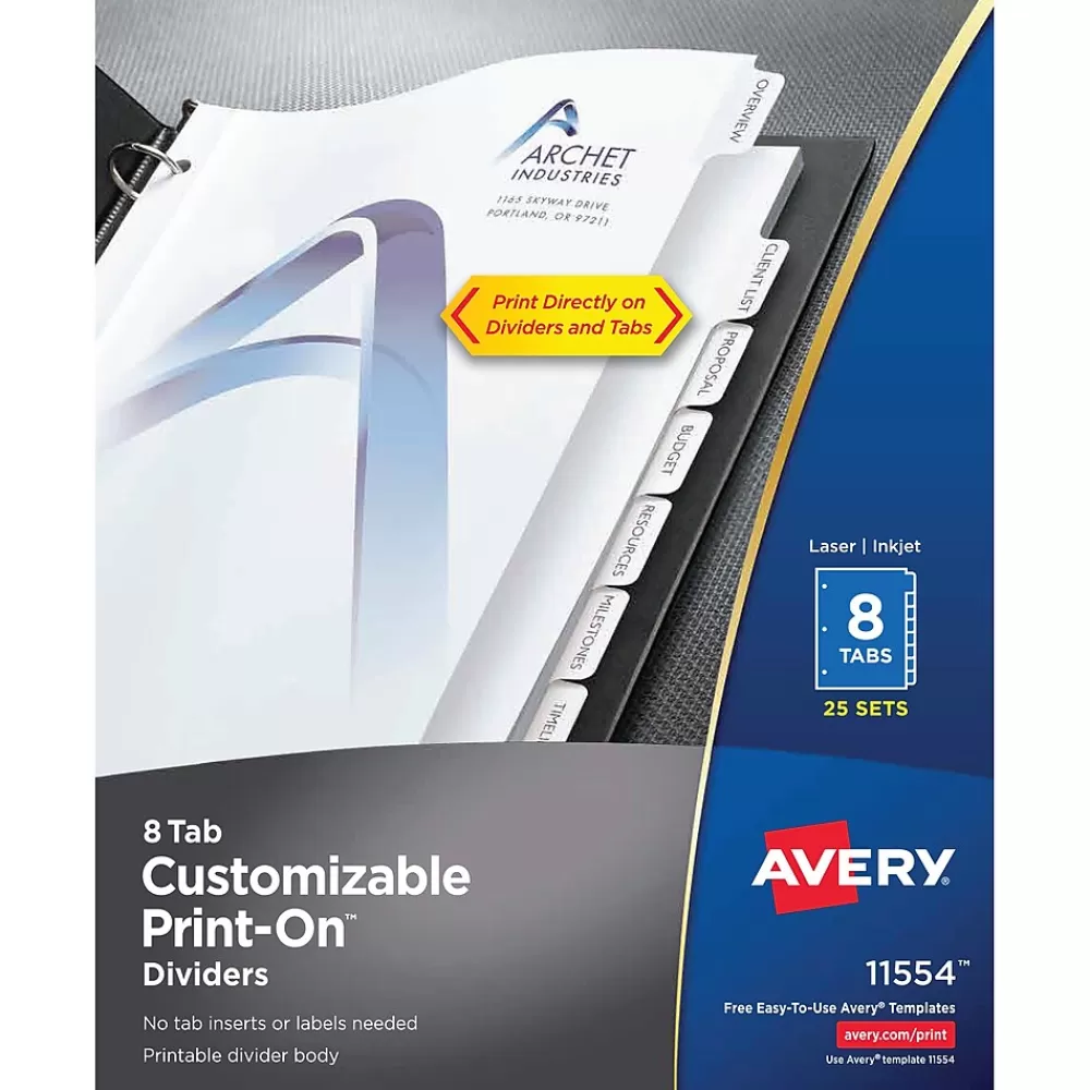 Avery Dividers<Print-On Paper Dividers, 8 Tabs, White, 25 Sets/Pack (11554)