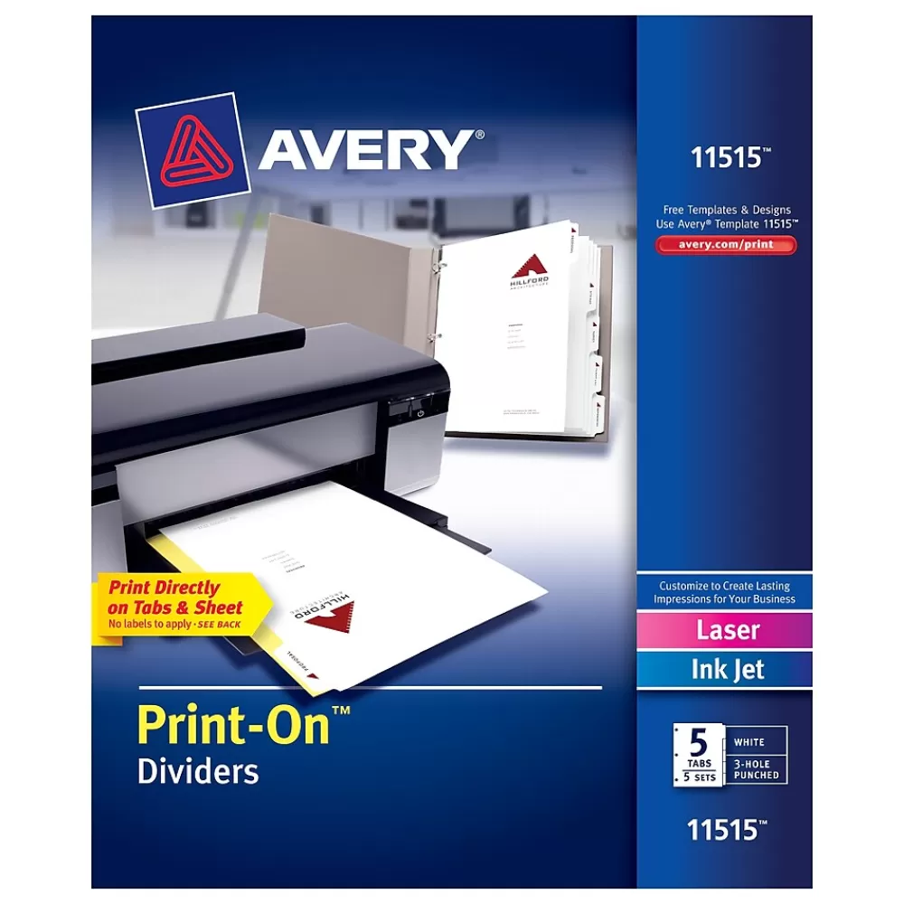 Avery Dividers<Print-On Paper Dividers, 5 Tabs, White, 5 Sets/Pack (11515)