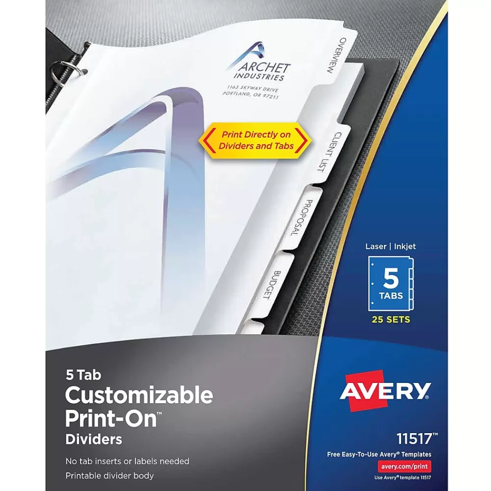 Avery Dividers<Print-On Paper Dividers, 5 Tabs, White, 25 Sets/Pack (11517)