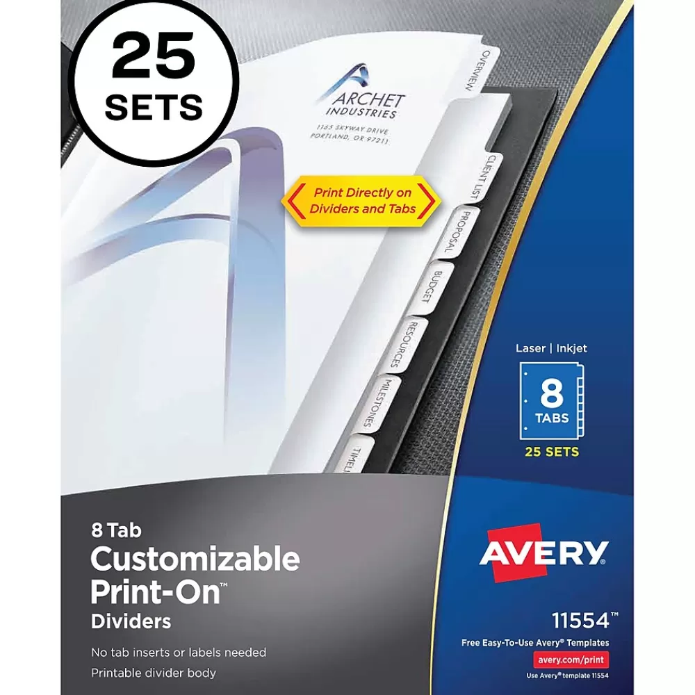 Avery Dividers<Print-On Paper Dividers, 8 Tabs, White, 25 Sets/Pack (11554)