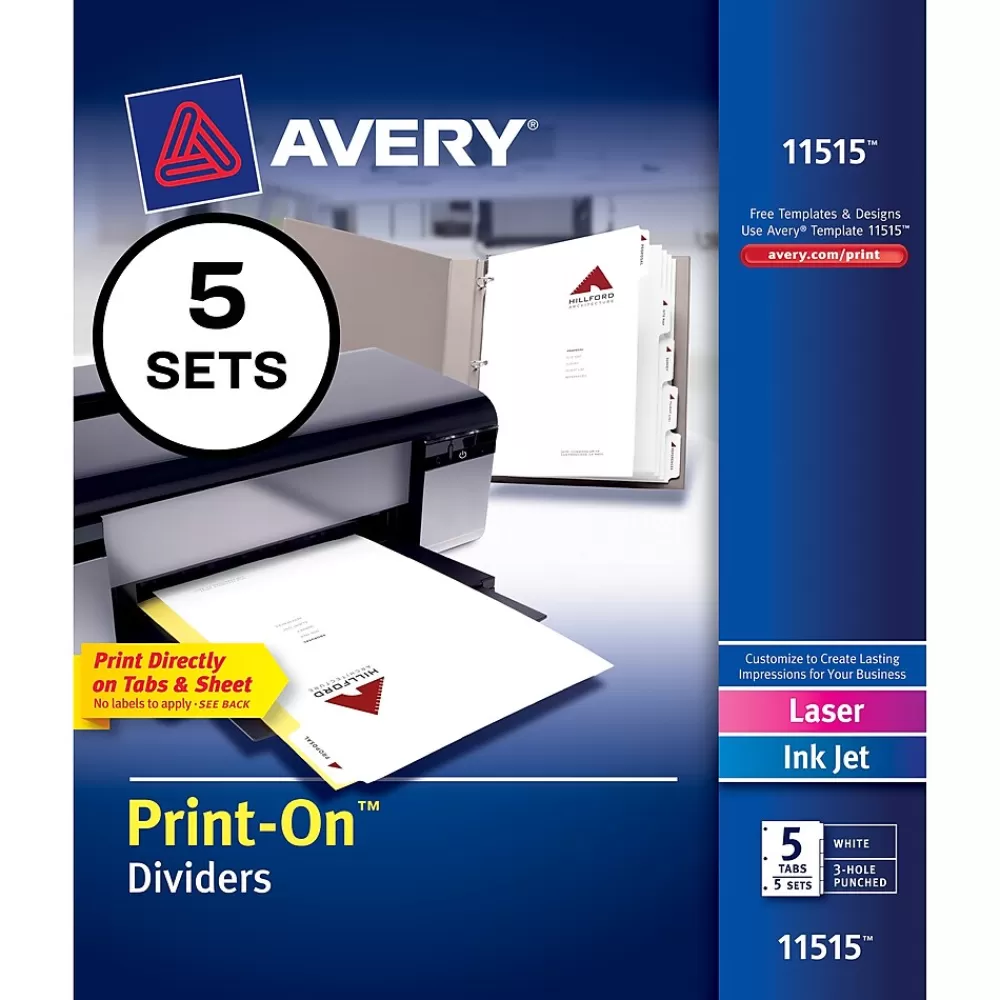 Avery Dividers<Print-On Paper Dividers, 5 Tabs, White, 5 Sets/Pack (11515)