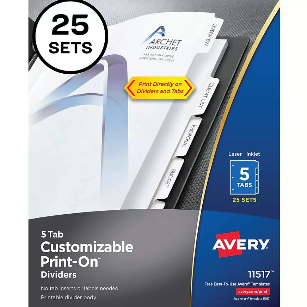 Avery Dividers<Print-On Paper Dividers, 5 Tabs, White, 25 Sets/Pack (11517)