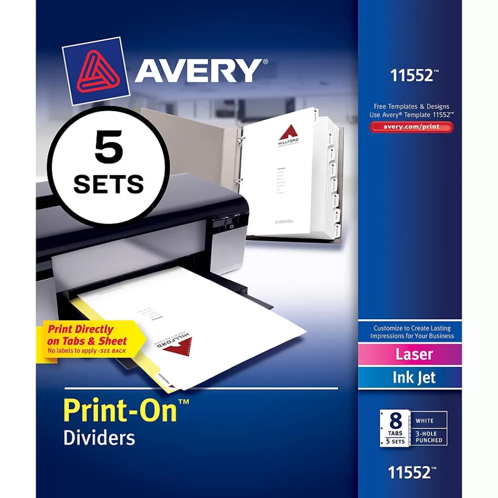 Avery Dividers<Print-On Paper Dividers, 8 Tabs, White, 5 Sets/Pack (11552)