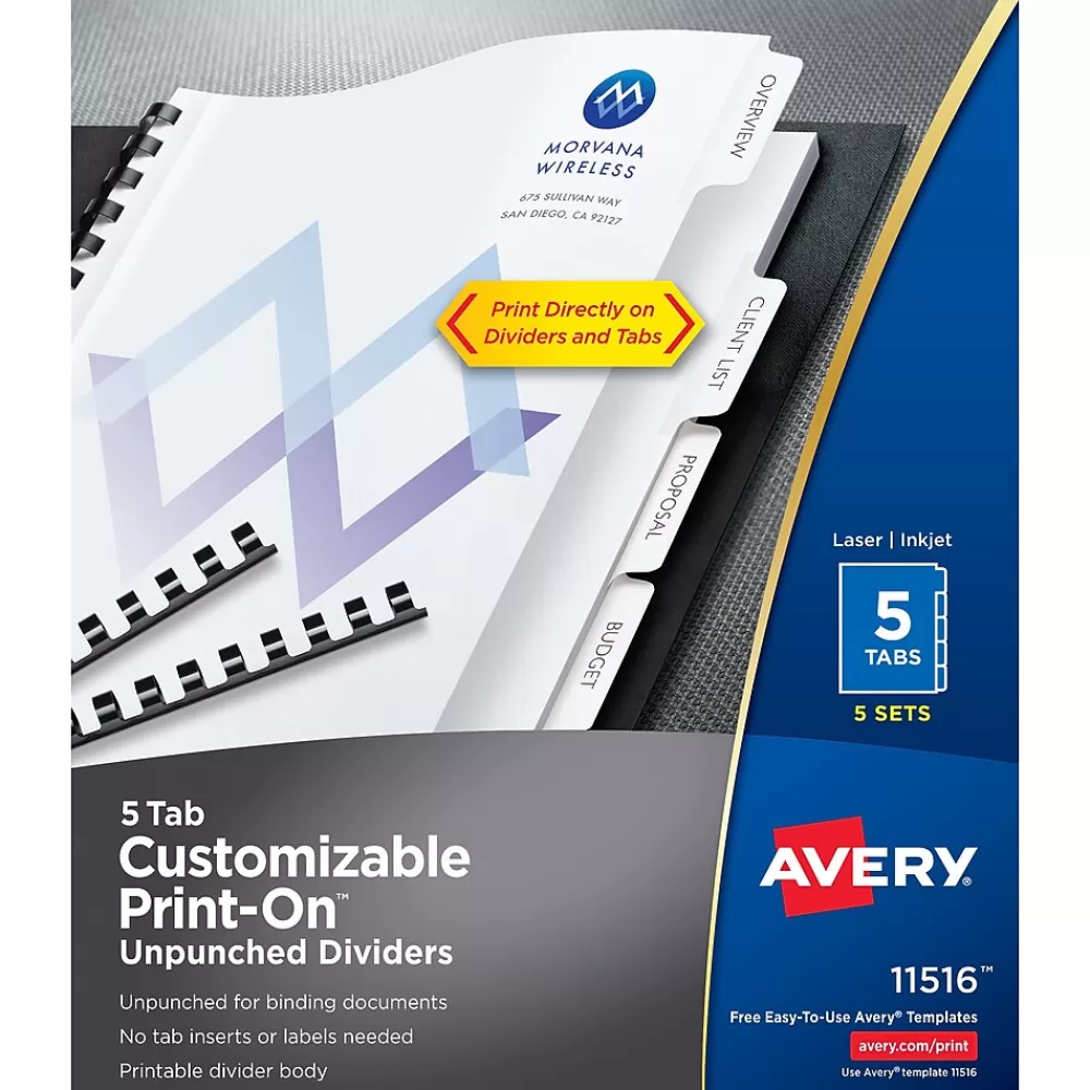 Avery Dividers<Print-On Unpunched Paper Dividers, 5 Tabs, White, 5 Sets/Pack (11516)