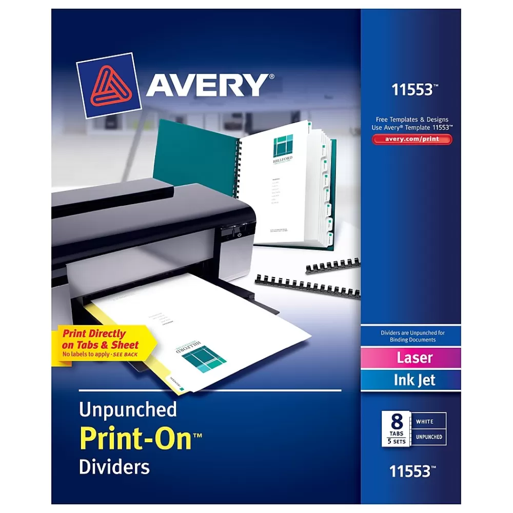 Avery Dividers<Print-On Unpunched Paper Dividers, 8 Tabs, White, 5 Sets/Pack (11553)