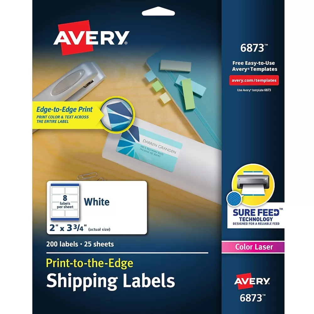 Avery Labels<Print-to-the-Edge Color Laser Shipping Labels, 2" x 3-3/4", White, 200 Labels/Pack (6873)